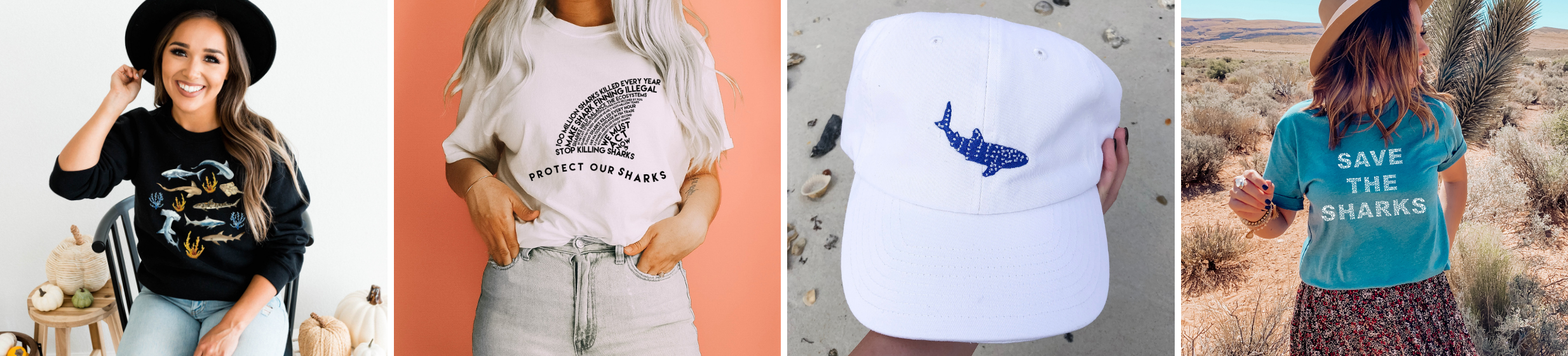 collage of sweetsherriloudesigns products - woman wearing shirt with sharks, woman wearing shark fin tshirt, whale shark cotton cap, and save the sharks tshirt