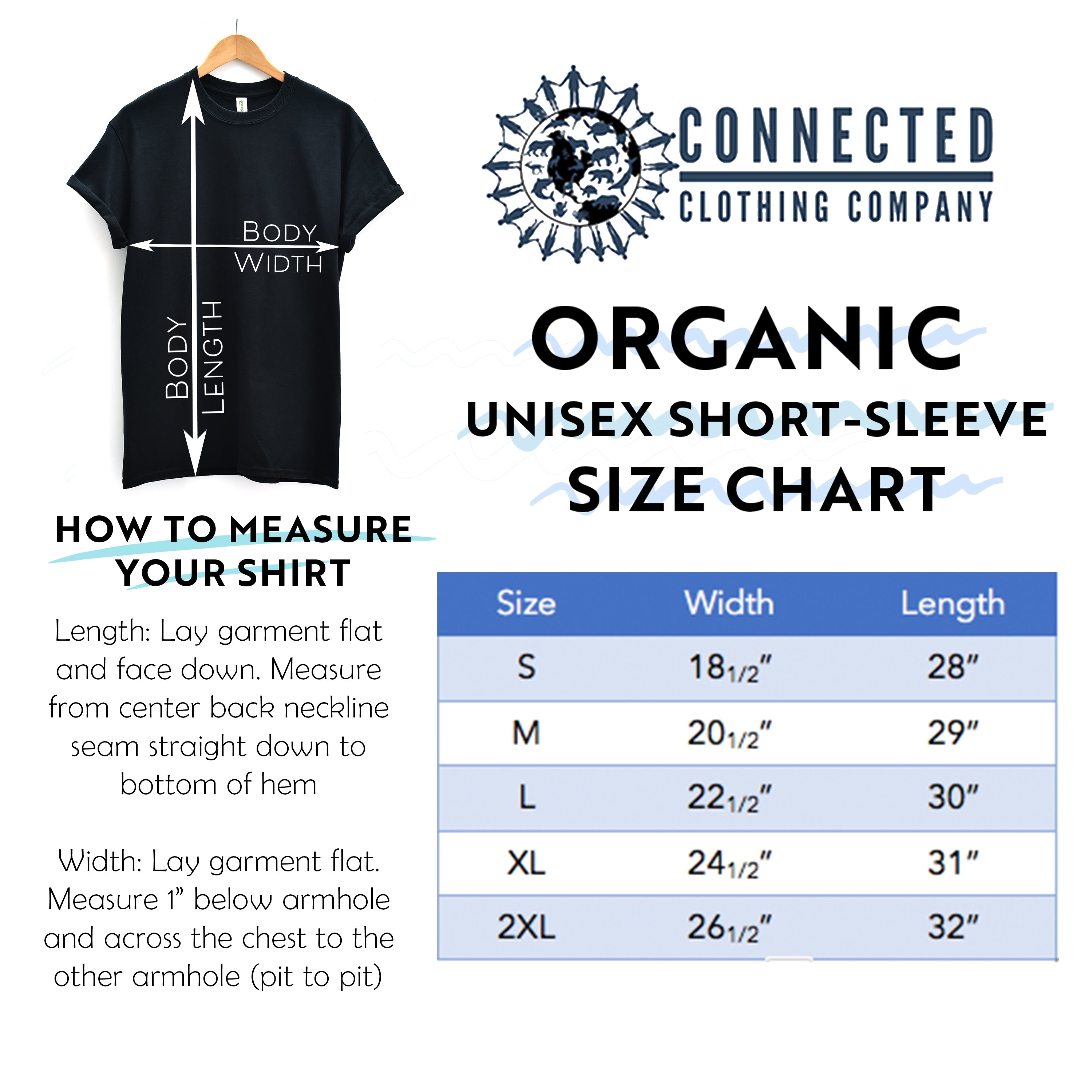 Organic Cotton Unisex Short-Sleeve Tee Size Chart - sweetsherriloudesigns - Ethically and Sustainably Made - 10% donated to Mission Blue ocean conservation