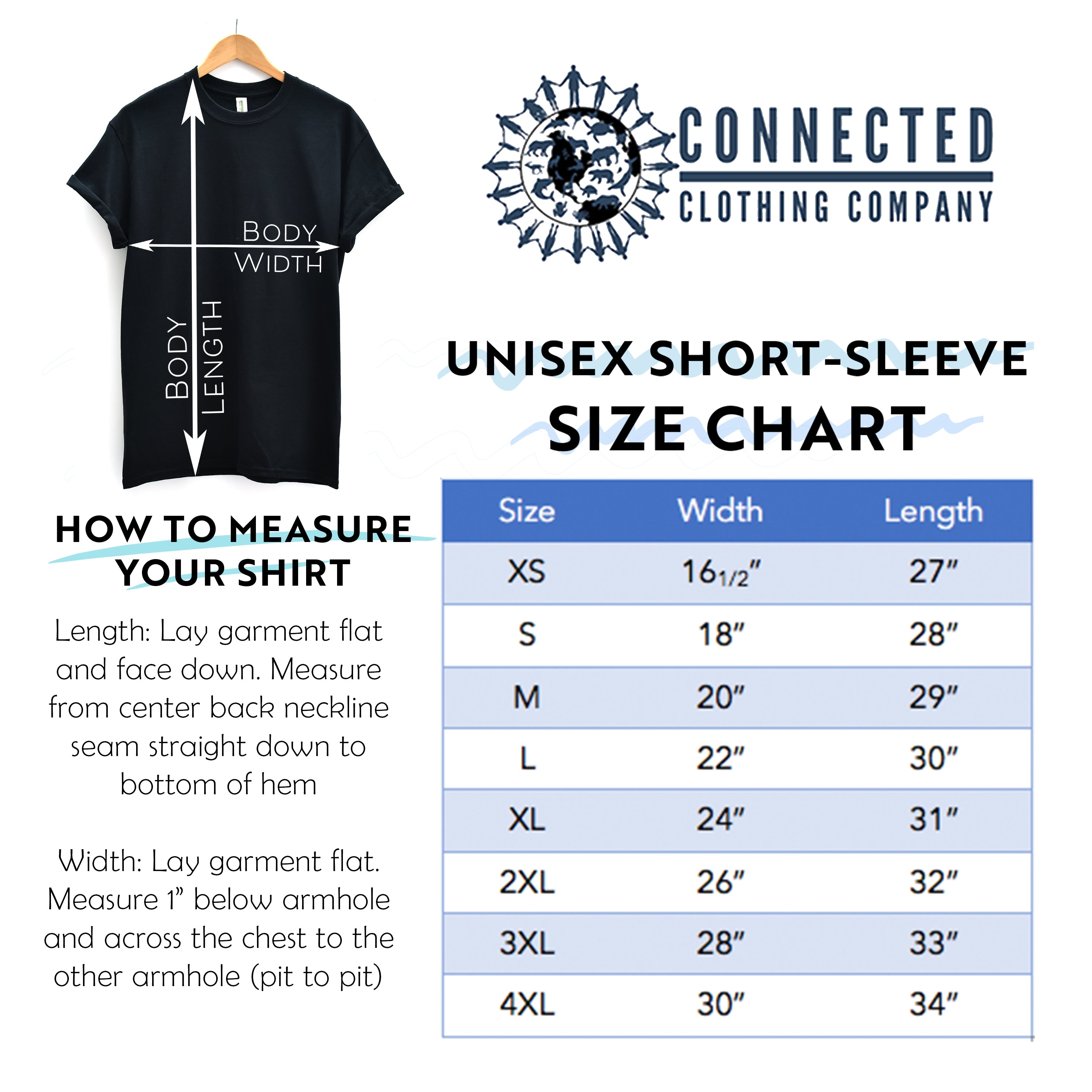 Unisex Short-Sleeve Tee Size Chart - sweetsherriloudesigns - Ethically and Sustainably Made - 10% donated to Mission Blue ocean conservation